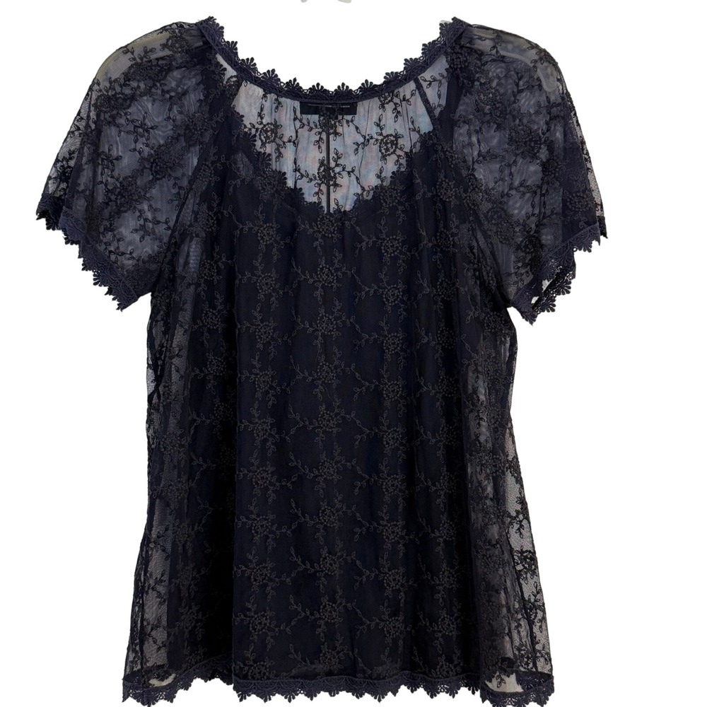 Navy Sheer Lace Top Mesh Embroidered Coquette Gothic Romantic Y2K Blouse